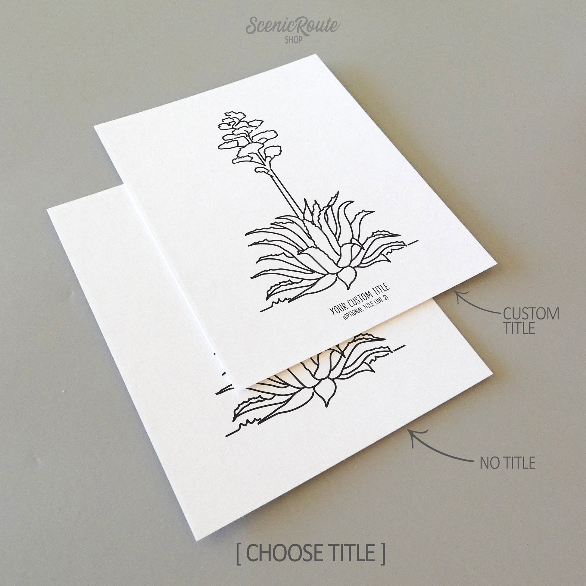 Two line art drawings of a Century Plant Agave on white linen paper with a gray background.  The pieces are shown with “No Title” and “Custom Title” options for the available art print options.