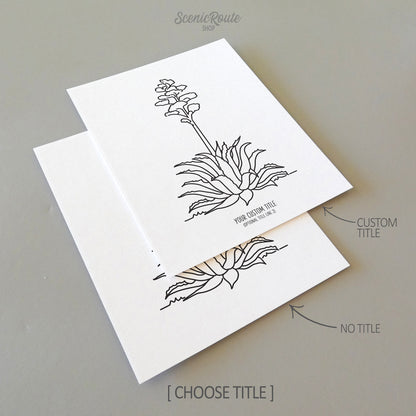 Two line art drawings of a Century Plant Agave on white linen paper with a gray background.  The pieces are shown with “No Title” and “Custom Title” options for the available art print options.