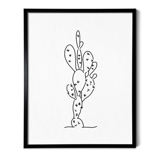 A line art drawing of a Prickly Pear Cactus on white linen paper in a thin black picture frame