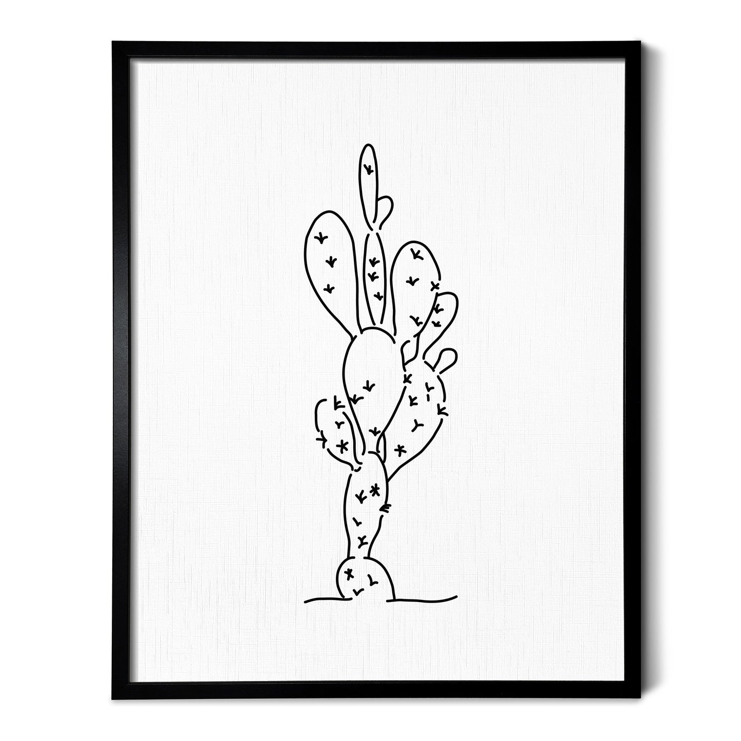 A line art drawing of a Prickly Pear Cactus on white linen paper in a thin black picture frame
