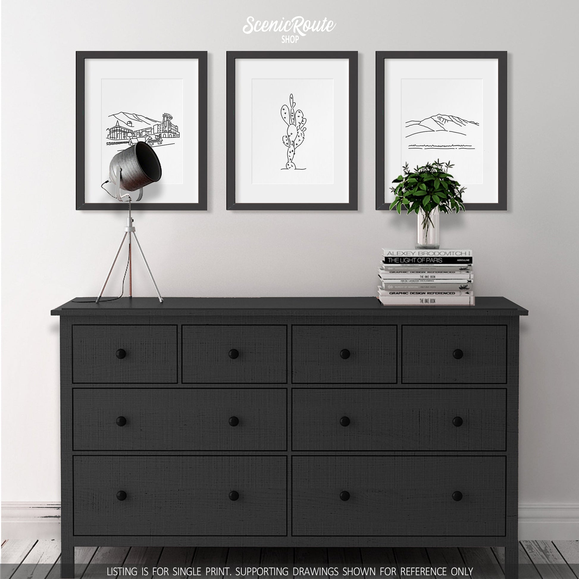 A group of three framed drawings on a wall above a dresser with books and figurines. The line art drawings include the Flagstaff Skyline, Prickly Pear Cactus, and Humphrey's Peak