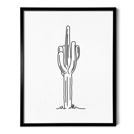 A line art drawing of a Saguaro Cactus on white linen paper in a thin black picture frame