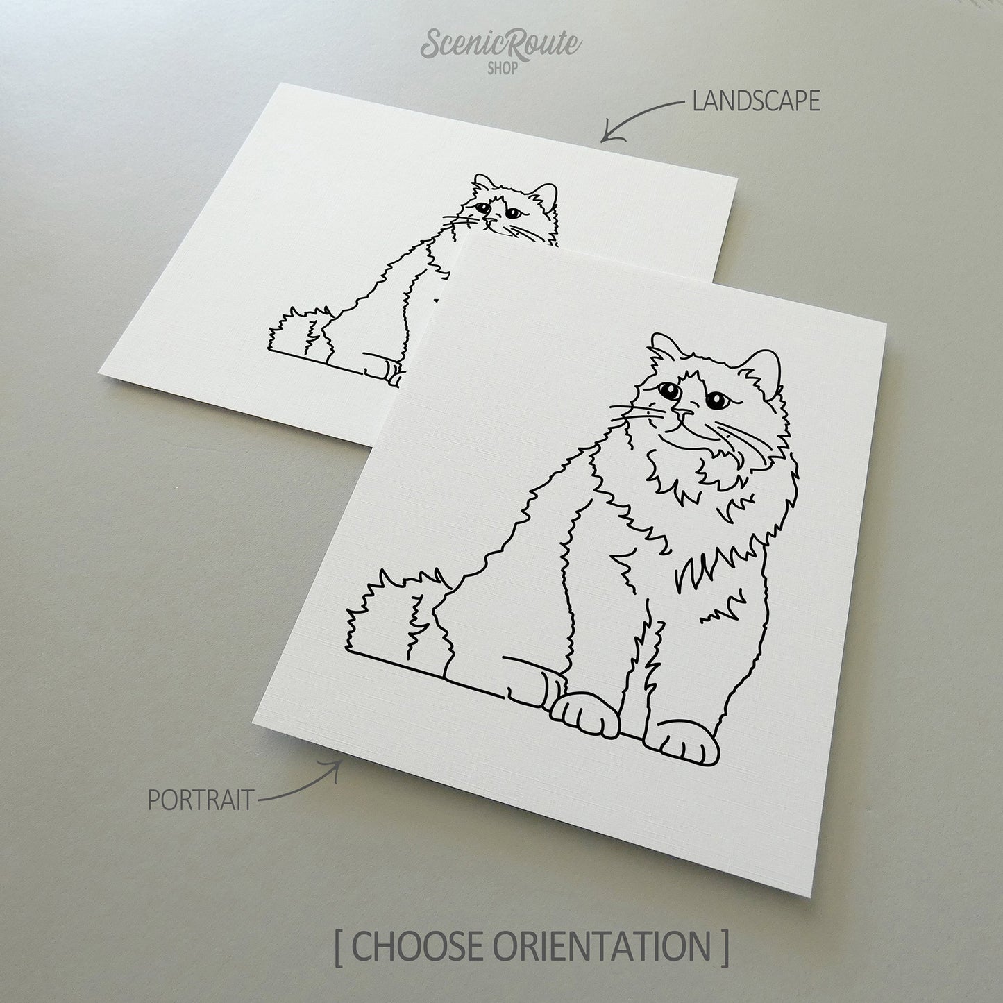 Two line art drawings of a Birman cat on white linen paper with a gray background. The pieces are shown in portrait and landscape orientation for the available art print options.