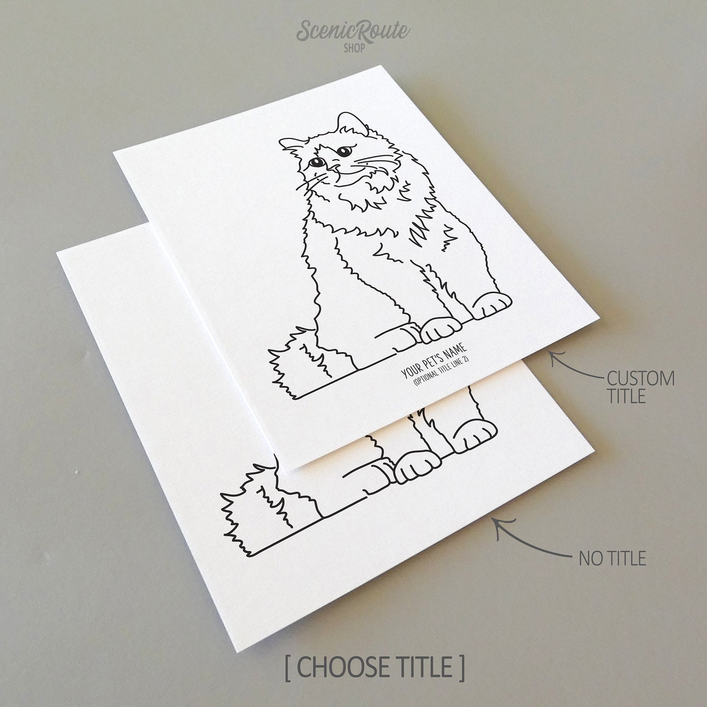 Two line art drawings of a Birman Cat on white linen paper with a gray background. The pieces are shown with “No Title” and “Custom Title” options for the available art print options.