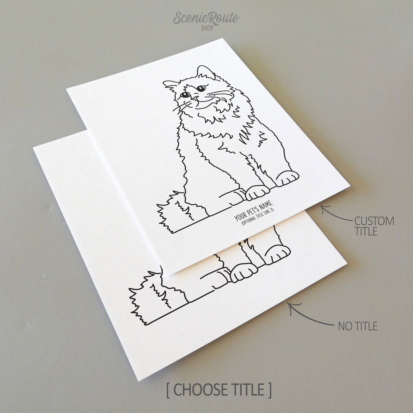Two line art drawings of a Birman Cat on white linen paper with a gray background.  The pieces are shown with “No Title” and “Custom Title” options for the available art print options.