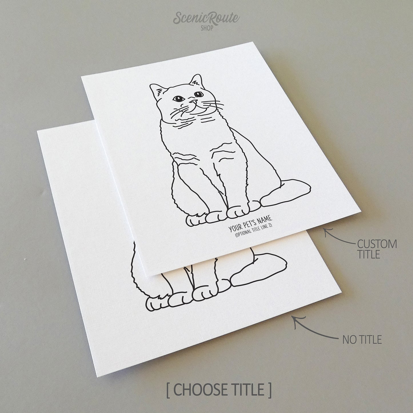 Two line art drawings of a British Shorthair Cat on white linen paper with a gray background. The pieces are shown with “No Title” and “Custom Title” options for the available art print options.