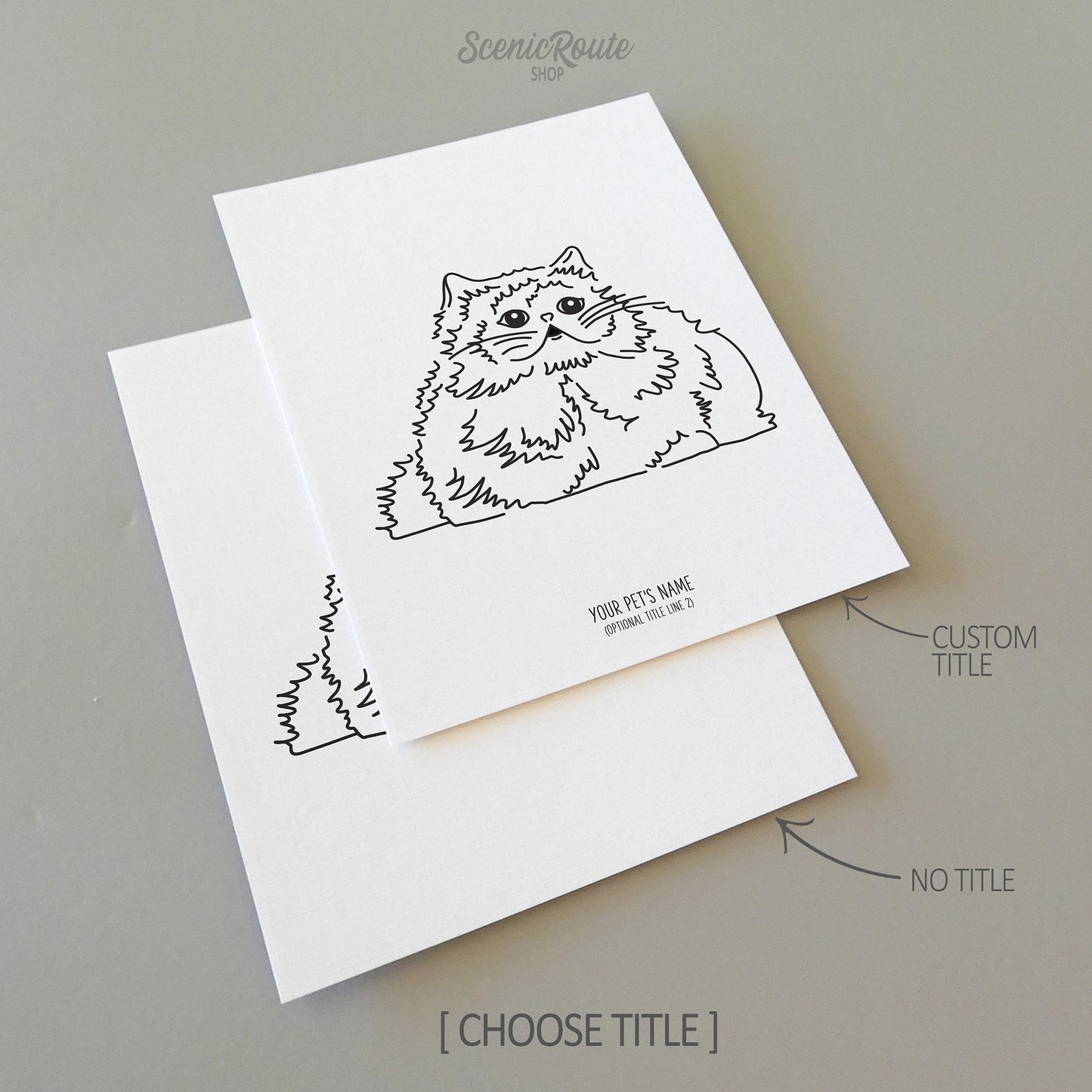 Two line art drawings of a Himalayan Cat on white linen paper with a gray background.  The pieces are shown with “No Title” and “Custom Title” options for the available art print options.