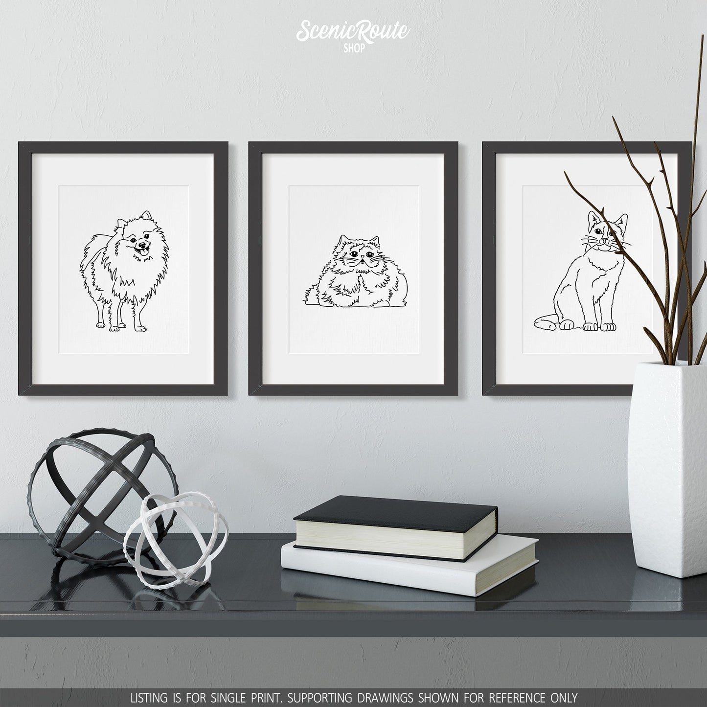 A group of three framed drawings on a wall above a dresser with books and figurines. The line art drawings include a Pomeranian Dog, a Himalayan cat, and a Snowshoe cat