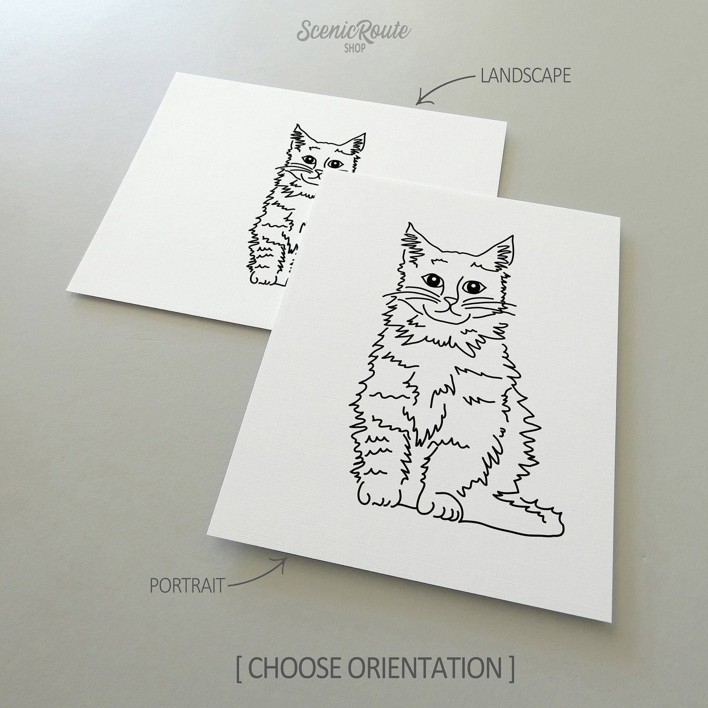 Two line art drawings of a Maine Coon cat on white linen paper with a gray background.  The pieces are shown in portrait and landscape orientation for the available art print options.