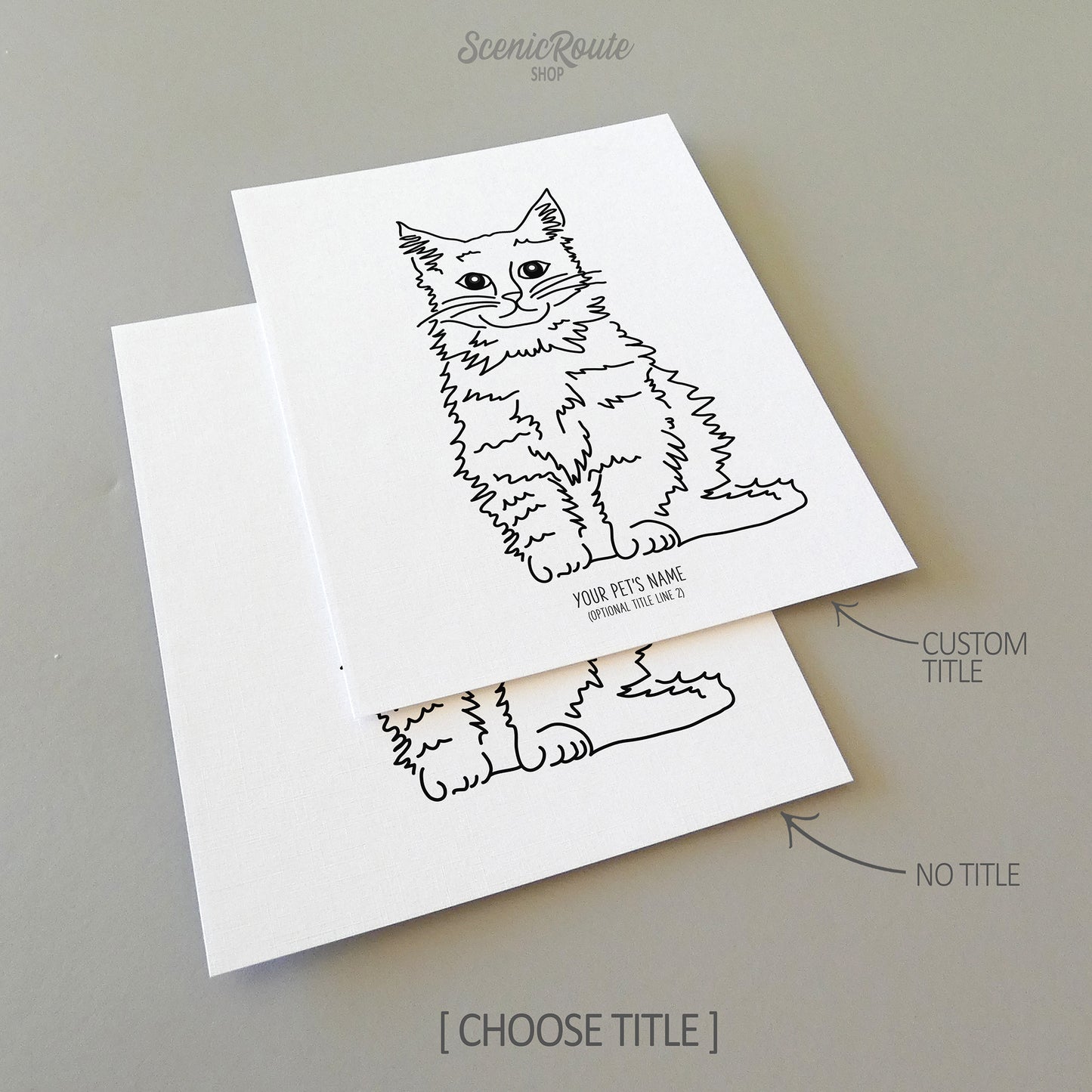 Two line art drawings of a Maine Coon Cat on white linen paper with a gray background.  The pieces are shown with “No Title” and “Custom Title” options for the available art print options.