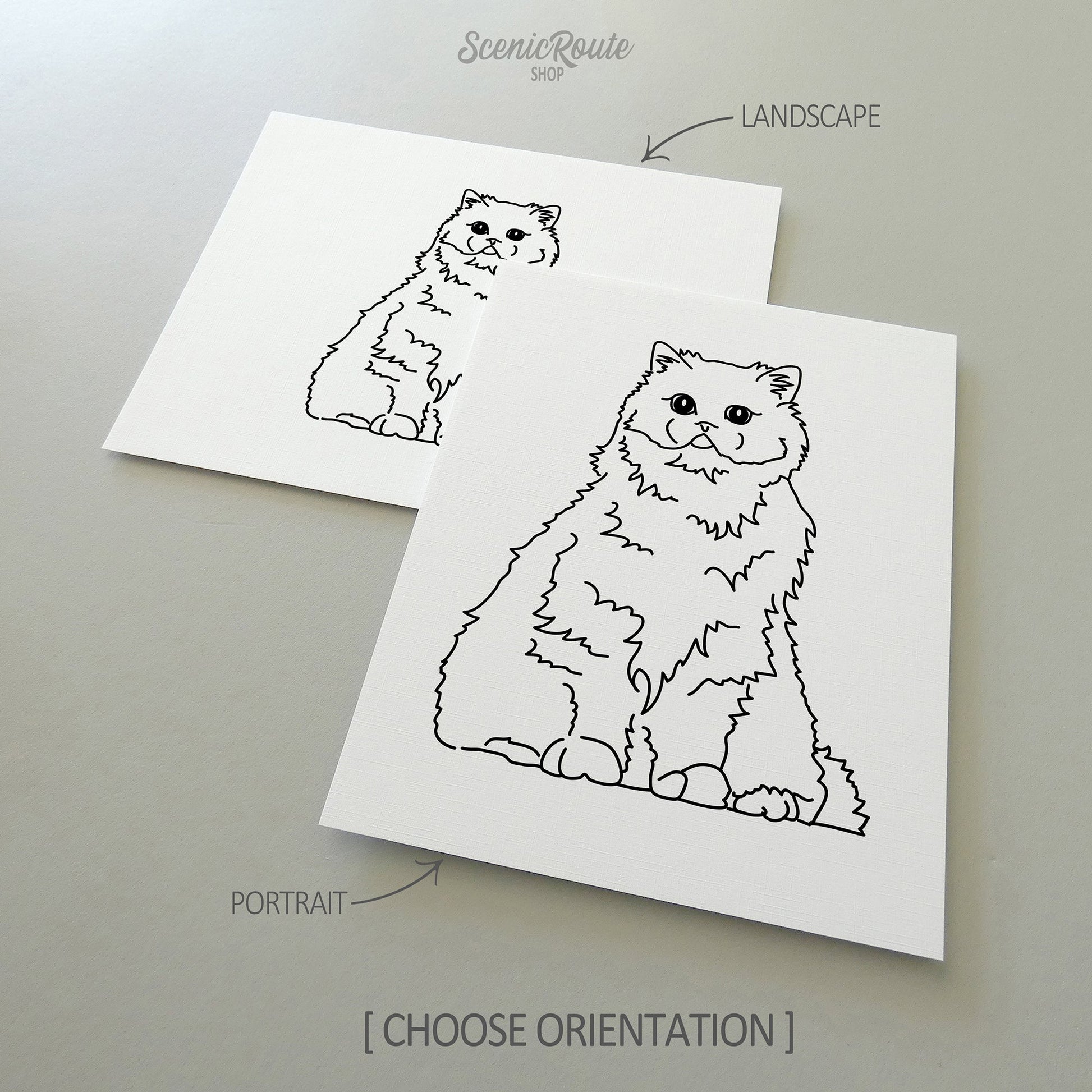 Two line art drawings of a Persian cat on white linen paper with a gray background.  The pieces are shown in portrait and landscape orientation for the available art print options.