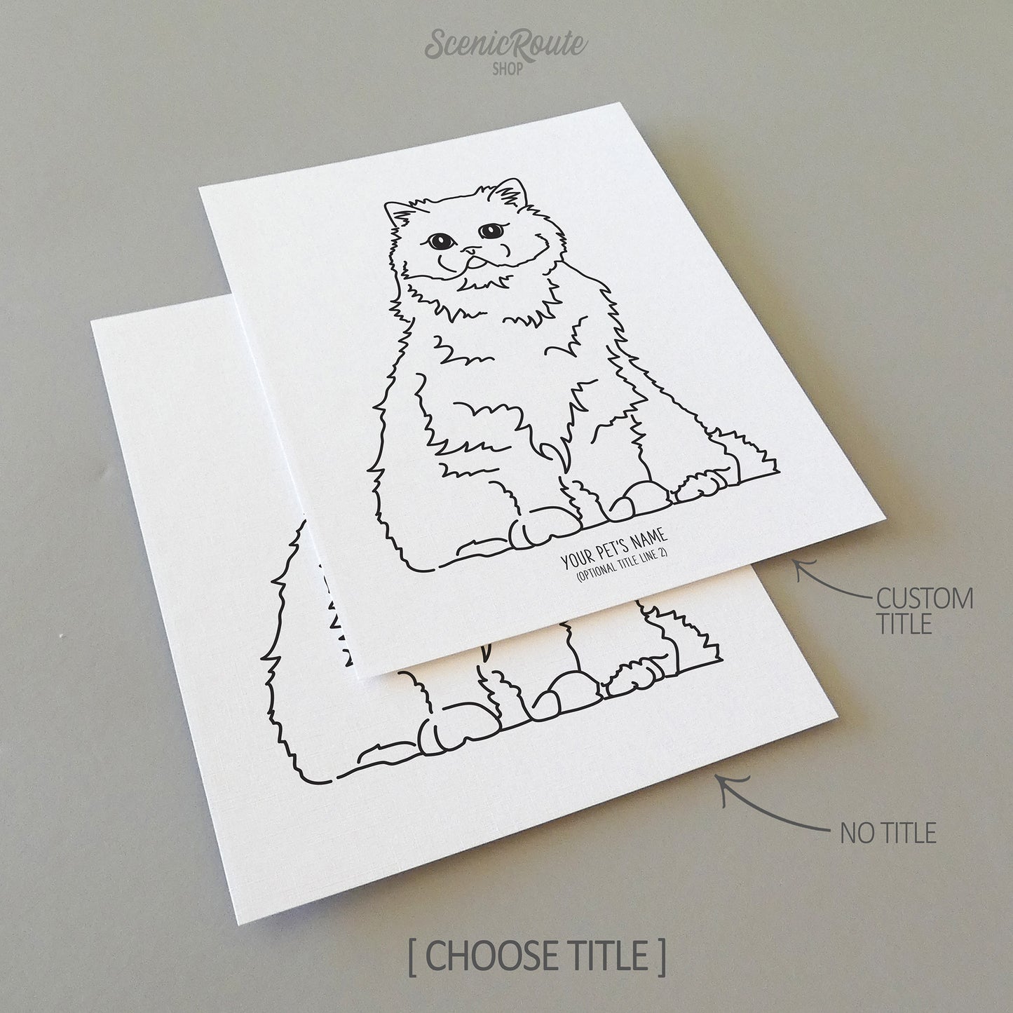 Two line art drawings of a Persian Cat on white linen paper with a gray background. The pieces are shown with “No Title” and “Custom Title” options for the available art print options.