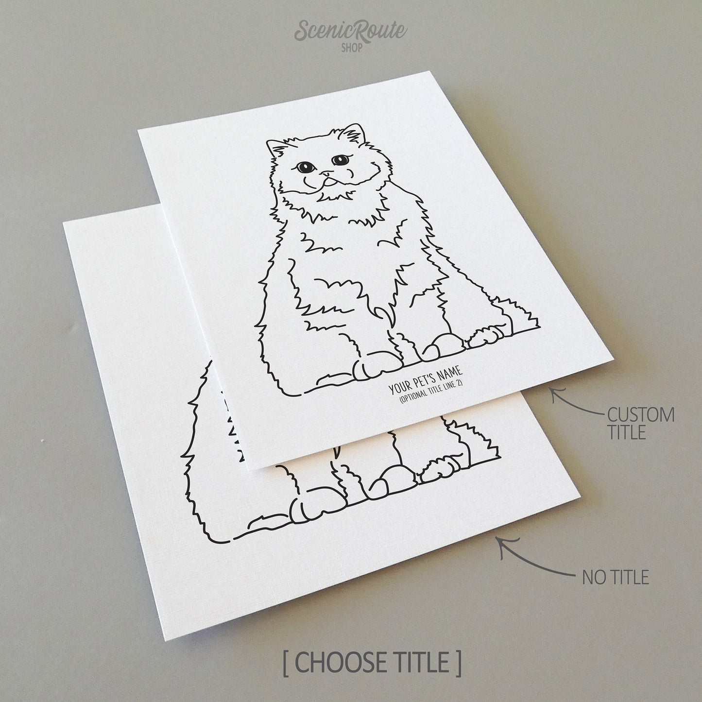 Two line art drawings of a Persian Cat on white linen paper with a gray background.  The pieces are shown with “No Title” and “Custom Title” options for the available art print options.
