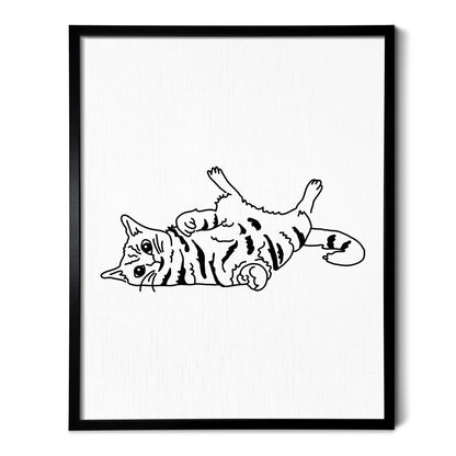 A line art drawing of a Playful Cat on white linen paper in a thin black picture frame