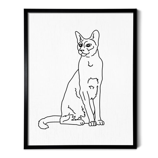 A line art drawing of a Siamese cat on white linen paper in a thin black picture frame