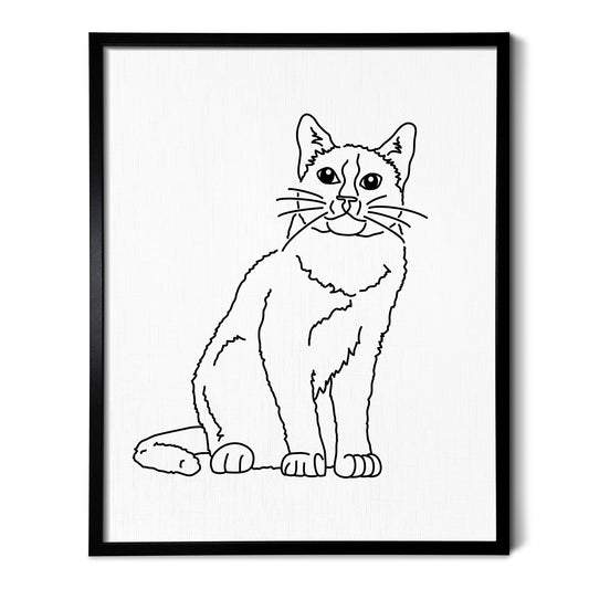A line art drawing of a Snowshoe cat on white linen paper in a thin black picture frame
