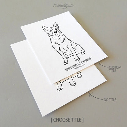 Two drawings of an Australian Cattle Dog on white linen paper with a gray background.  Pieces are shown with “No Title” and “Custom Title” options to illustrate the available art print options.
