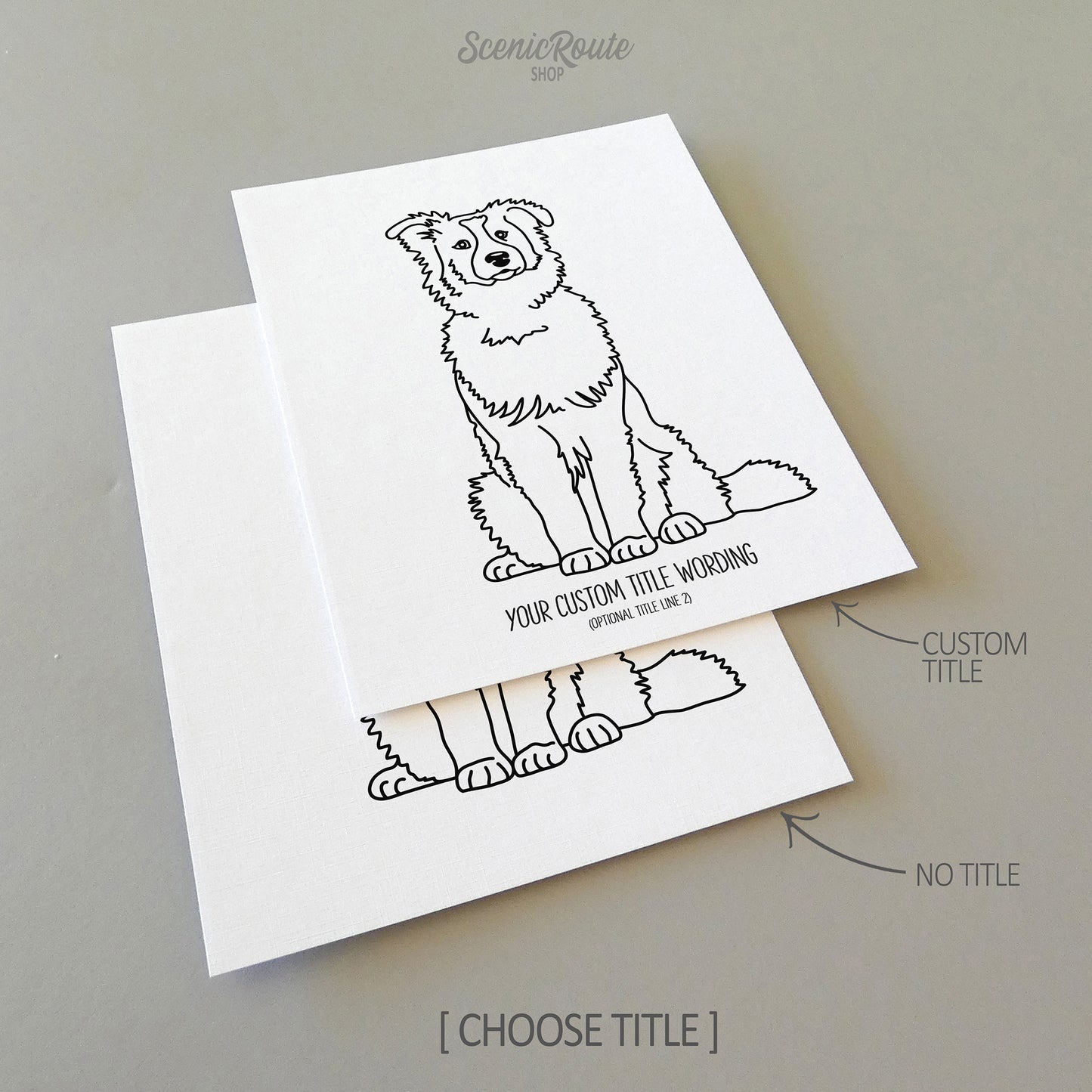 Two drawings of an Australian Shepherd dog on white linen paper with a gray background.  Pieces are shown with “No Title” and “Custom Title” options to illustrate the available art print options.