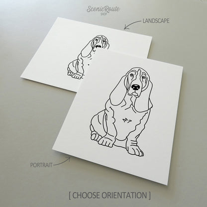 Two drawings of a Basset Hound dog on white linen paper with a gray background.  Pieces are shown in portrait and landscape orientation options to illustrate the available art print options.