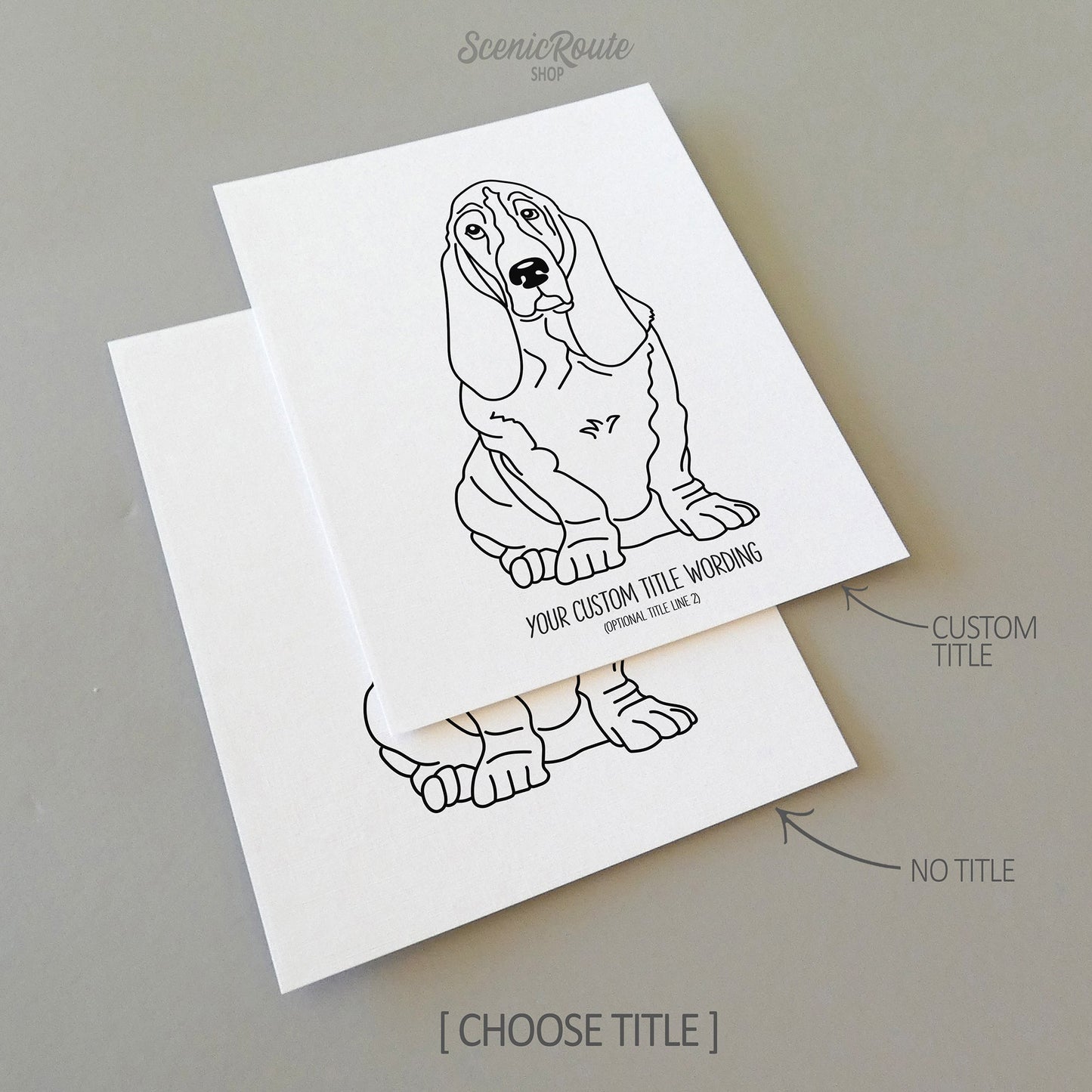 Two drawings of a Basset Hound dog on white linen paper with a gray background.  Pieces are shown with “No Title” and “Custom Title” options to illustrate the available art print options.