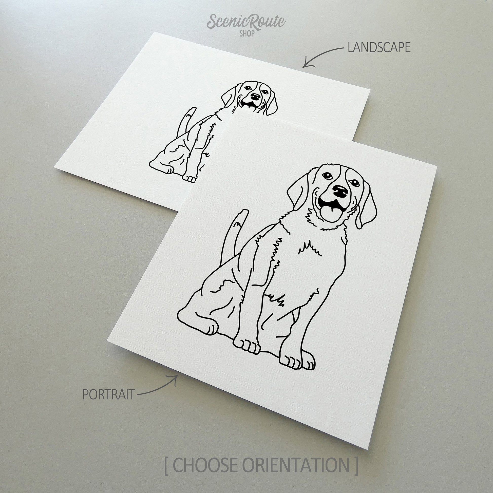 Two drawings of a Beagle dog on white linen paper with a gray background.  Pieces are shown in portrait and landscape orientation options to illustrate the available art print options.