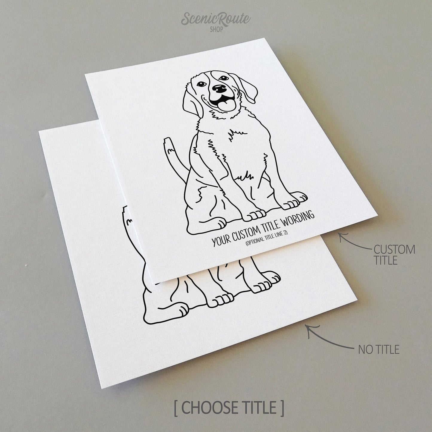 Two drawings of a Beagle dog on white linen paper with a gray background.  Pieces are shown with “No Title” and “Custom Title” options to illustrate the available art print options.