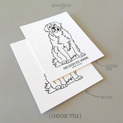 Two drawings of a Bernese Mountain Dog on white linen paper with a gray background.  Pieces are shown with “No Title” and “Custom Title” options to illustrate the available art print options.