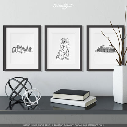 A group of three framed drawings on a white wall above a black table with books and a vase. The line art drawings include the Philadelphia Skyline, a Bernese Mountain Dog, and Lambeau Field
