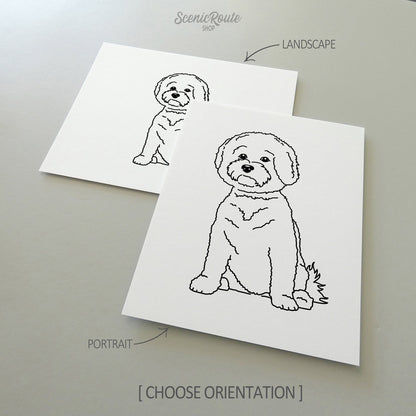 Two drawings of a Bichon Frise dog on white linen paper with a gray background.  Pieces are shown in portrait and landscape orientation options to illustrate the available art print options.