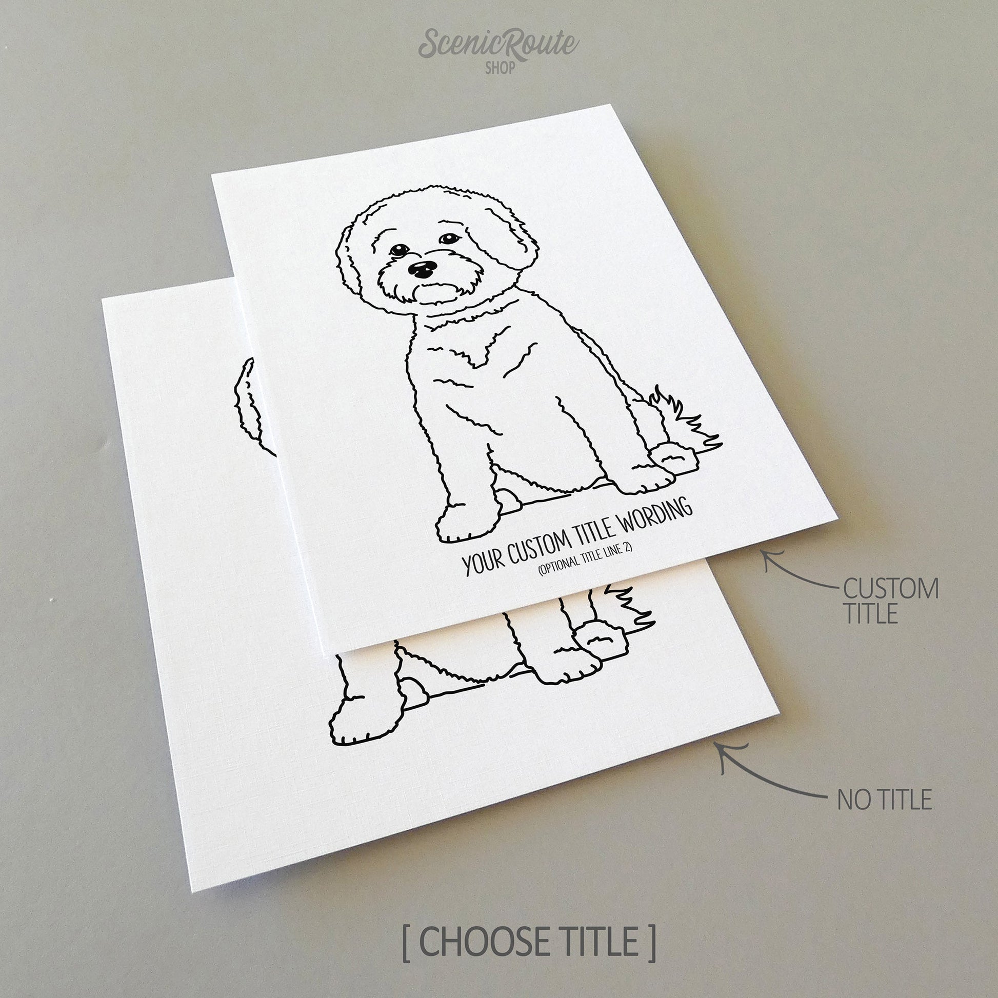 Two drawings of a Bichon Frise dog on white linen paper with a gray background.  Pieces are shown with “No Title” and “Custom Title” options to illustrate the available art print options.