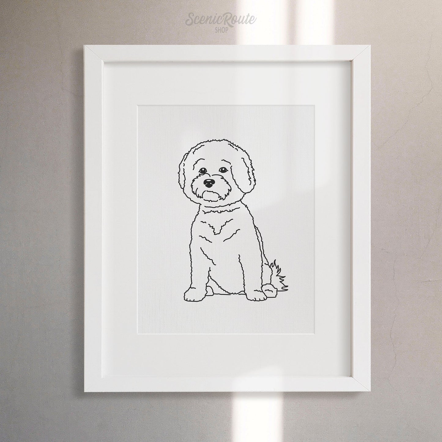 A framed line art drawing of a Bichon Frise dog on a white wall