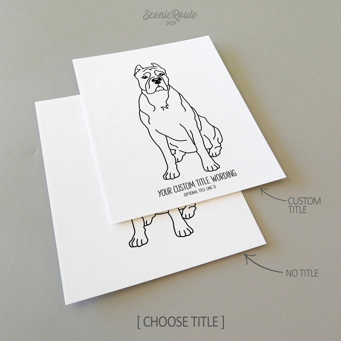 Two drawings of a Cane Corso dog on white linen paper with a gray background.  Pieces are shown with “No Title” and “Custom Title” options to illustrate the available art print options.