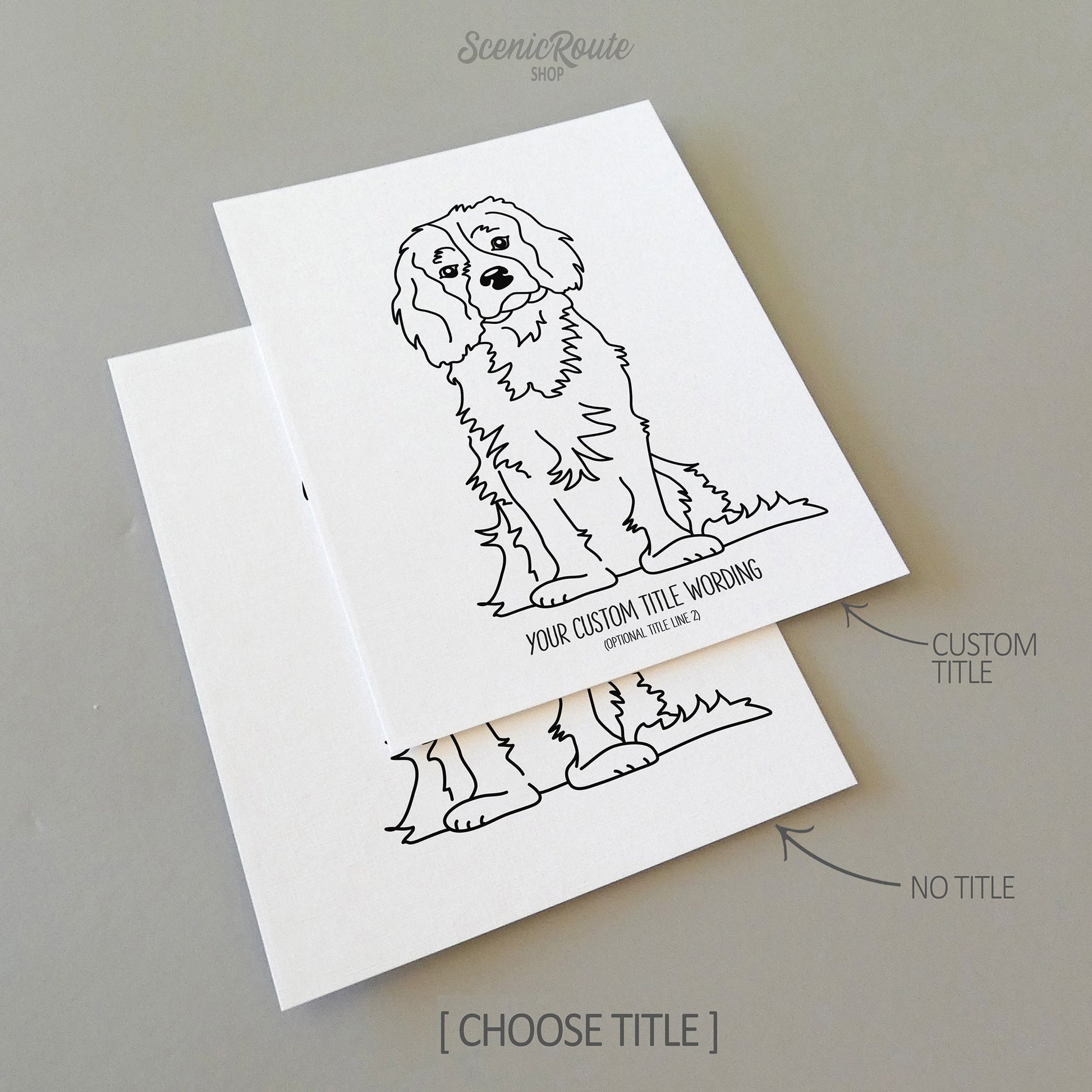 Two drawings of a Cavalier King Charles Spaniel dog on white linen paper with a gray background.  Pieces are shown with “No Title” and “Custom Title” options to illustrate the available art print options.