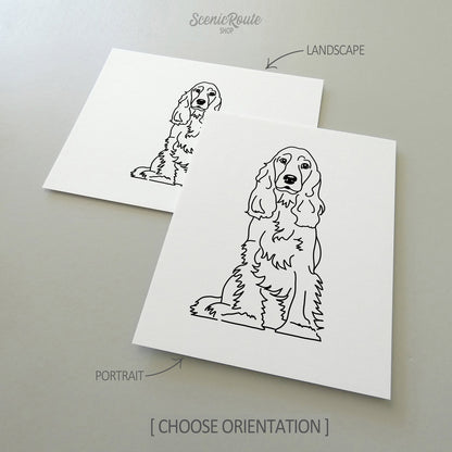 Two drawings of a Cocker Spaniel dog on white linen paper with a gray background.  Pieces are shown in portrait and landscape orientation options to illustrate the available art print options.