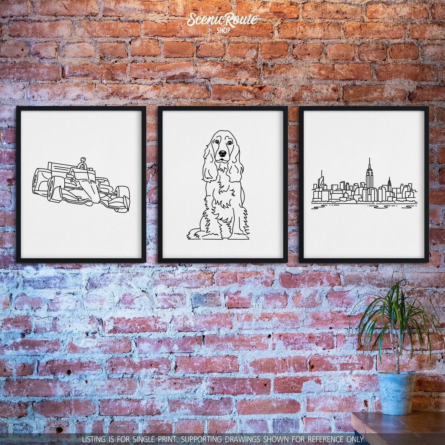 A group of three framed drawings on a brick wall.  The line art drawings include an Indy Car, a Cocker Spaniel dog, and the New York City Skyline