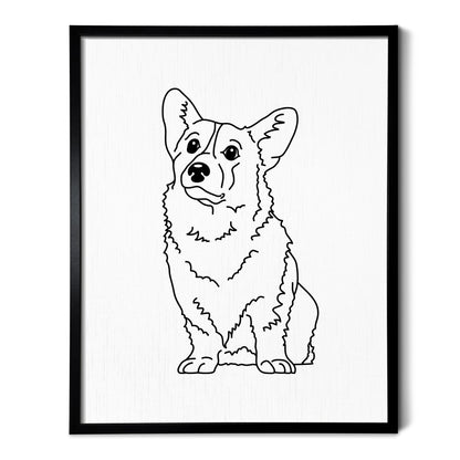 A drawing of a Corgi dog on white linen paper in a thin black picture frame