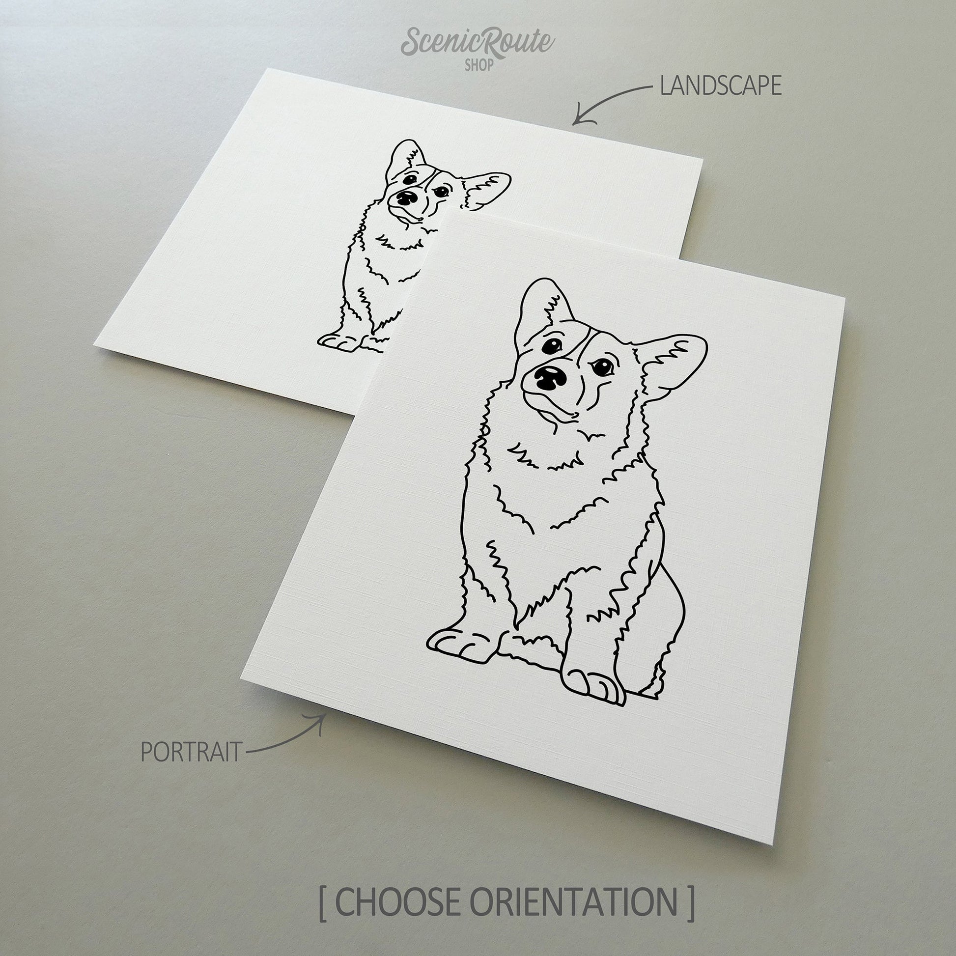 Two drawings of a Corgi dog on white linen paper with a gray background.  Pieces are shown in portrait and landscape orientation options to illustrate the available art print options.