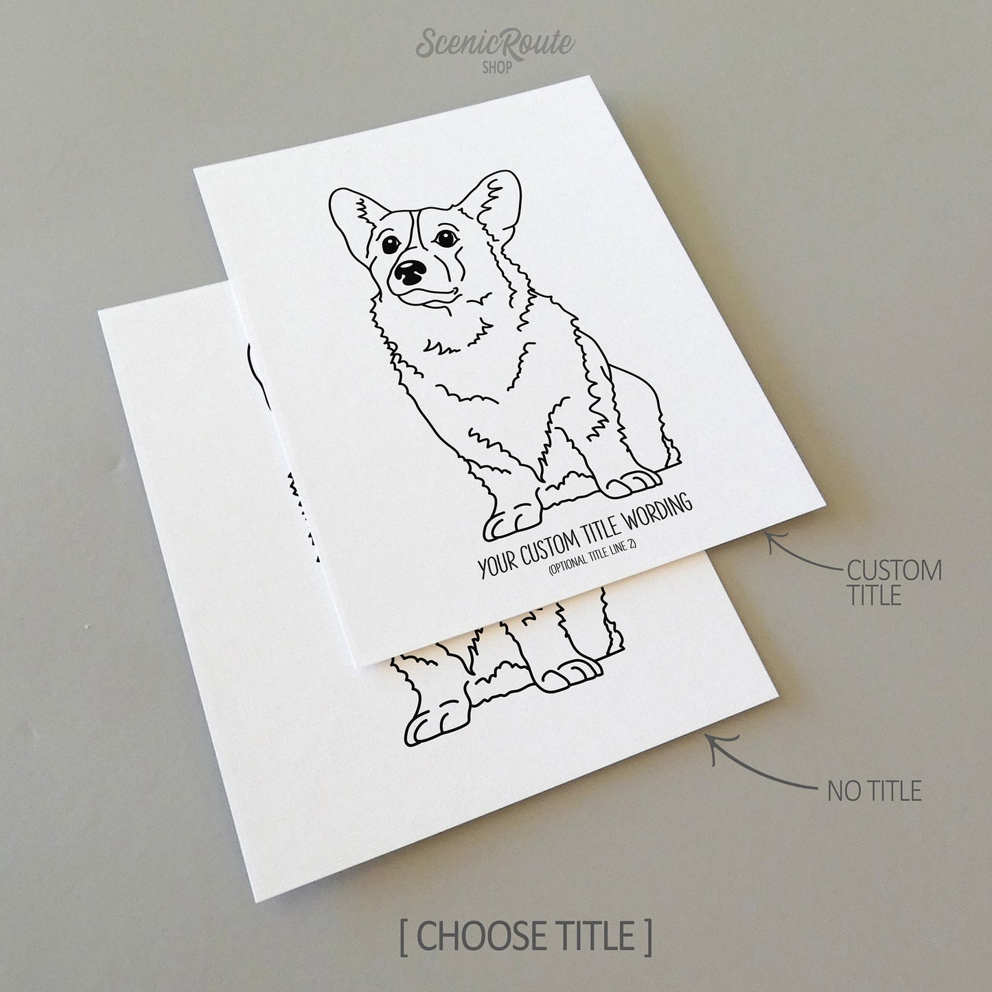 Two drawings of a Corgi dog on white linen paper with a gray background.  Pieces are shown with “No Title” and “Custom Title” options to illustrate the available art print options.