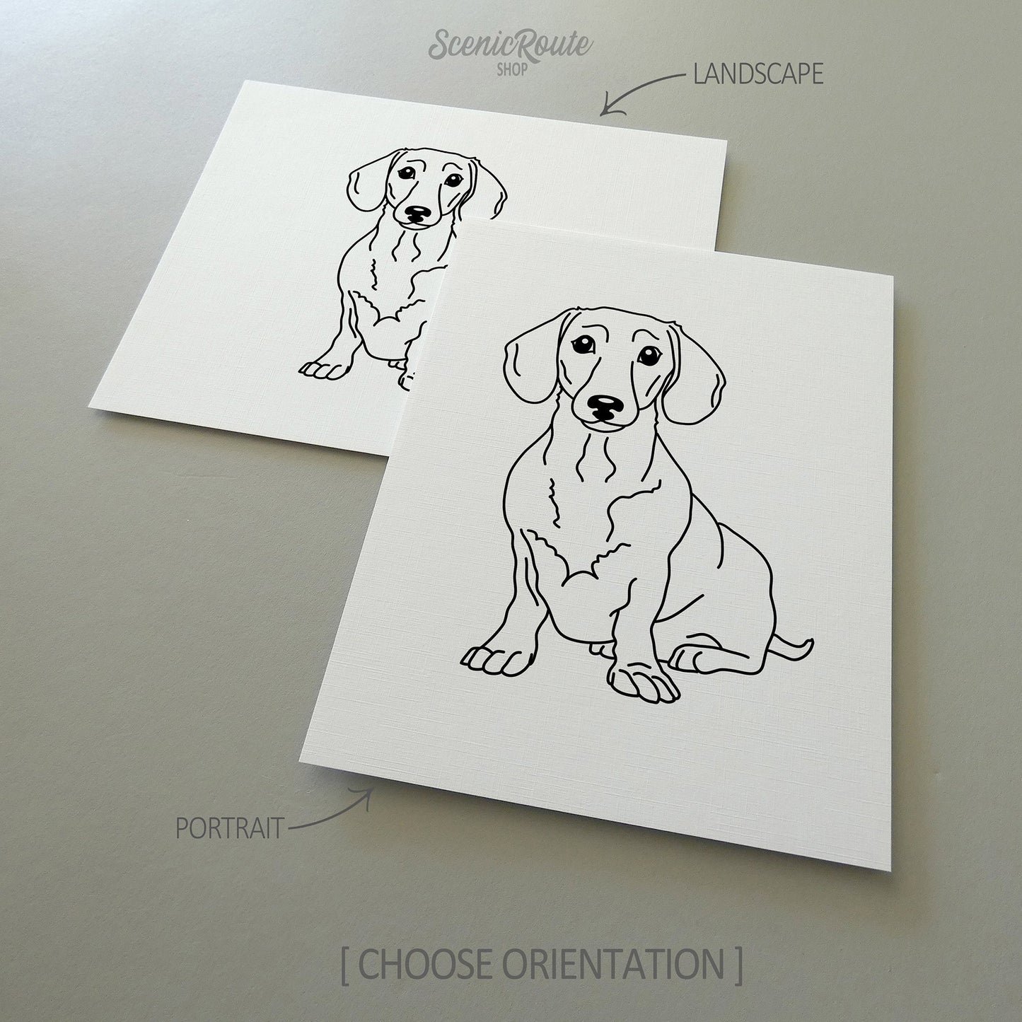 Two drawings of a Dachshund dog on white linen paper with a gray background.  Pieces are shown in portrait and landscape orientation options to illustrate the available art print options.