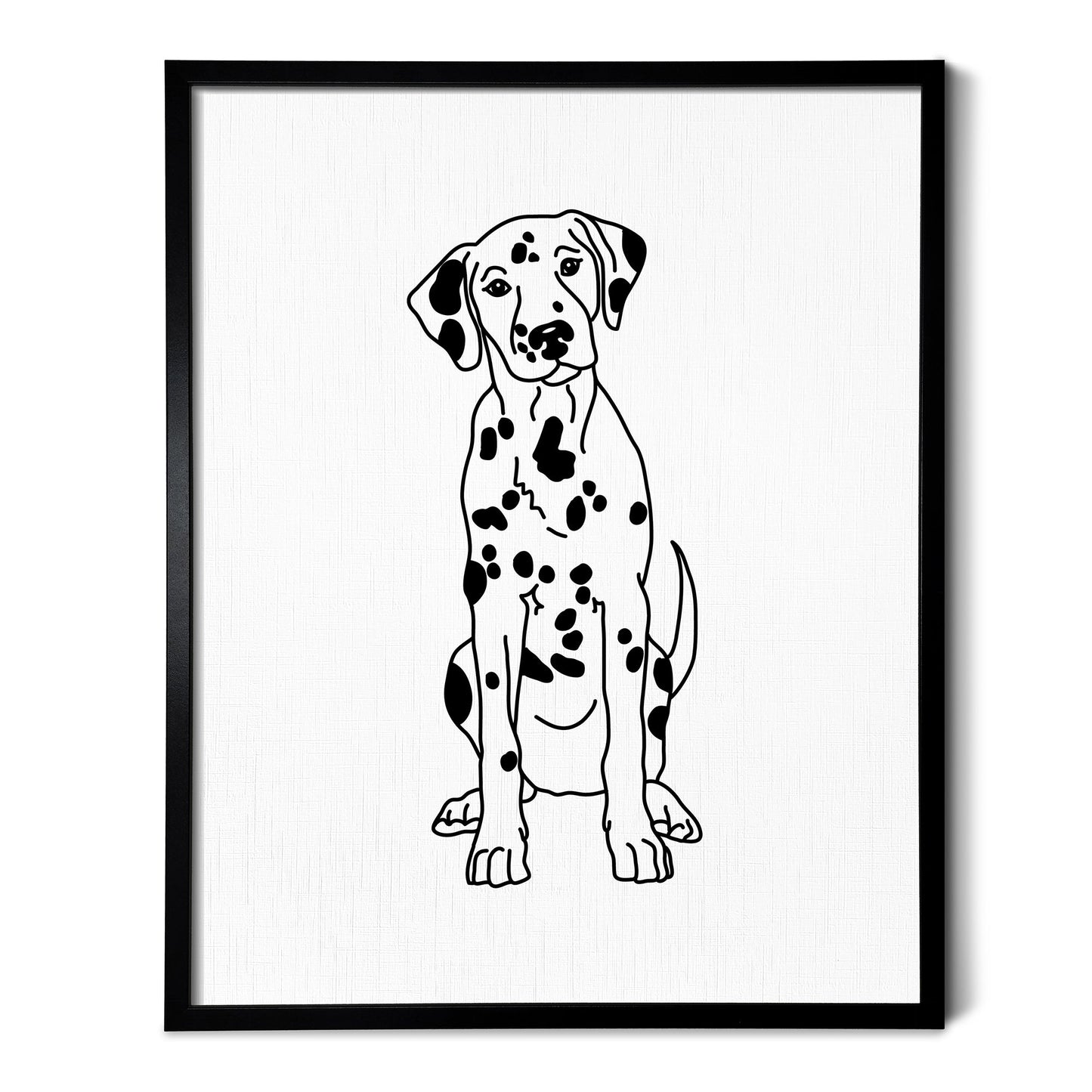 A drawing of a Dalmatian dog on white linen paper in a thin black picture frame