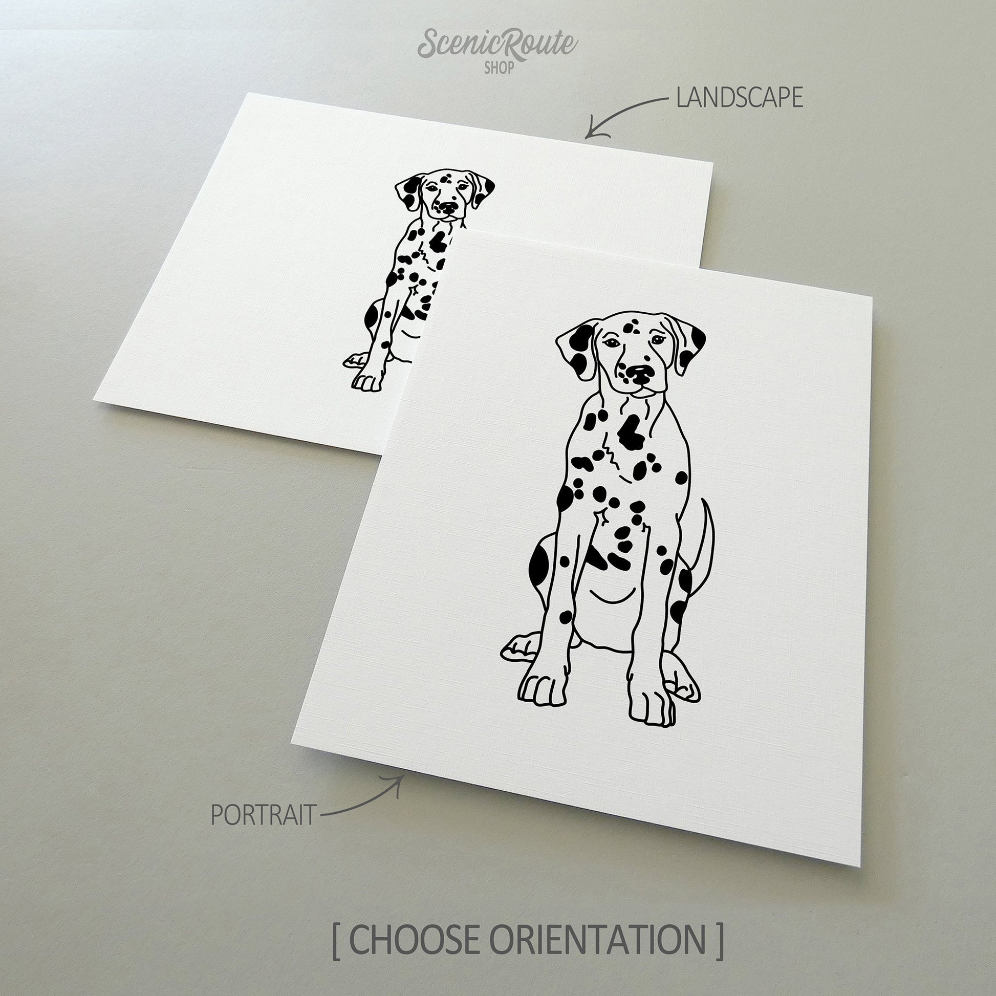 Two drawings of a Dalmatian dog on white linen paper with a gray background.  Pieces are shown in portrait and landscape orientation options to illustrate the available art print options.