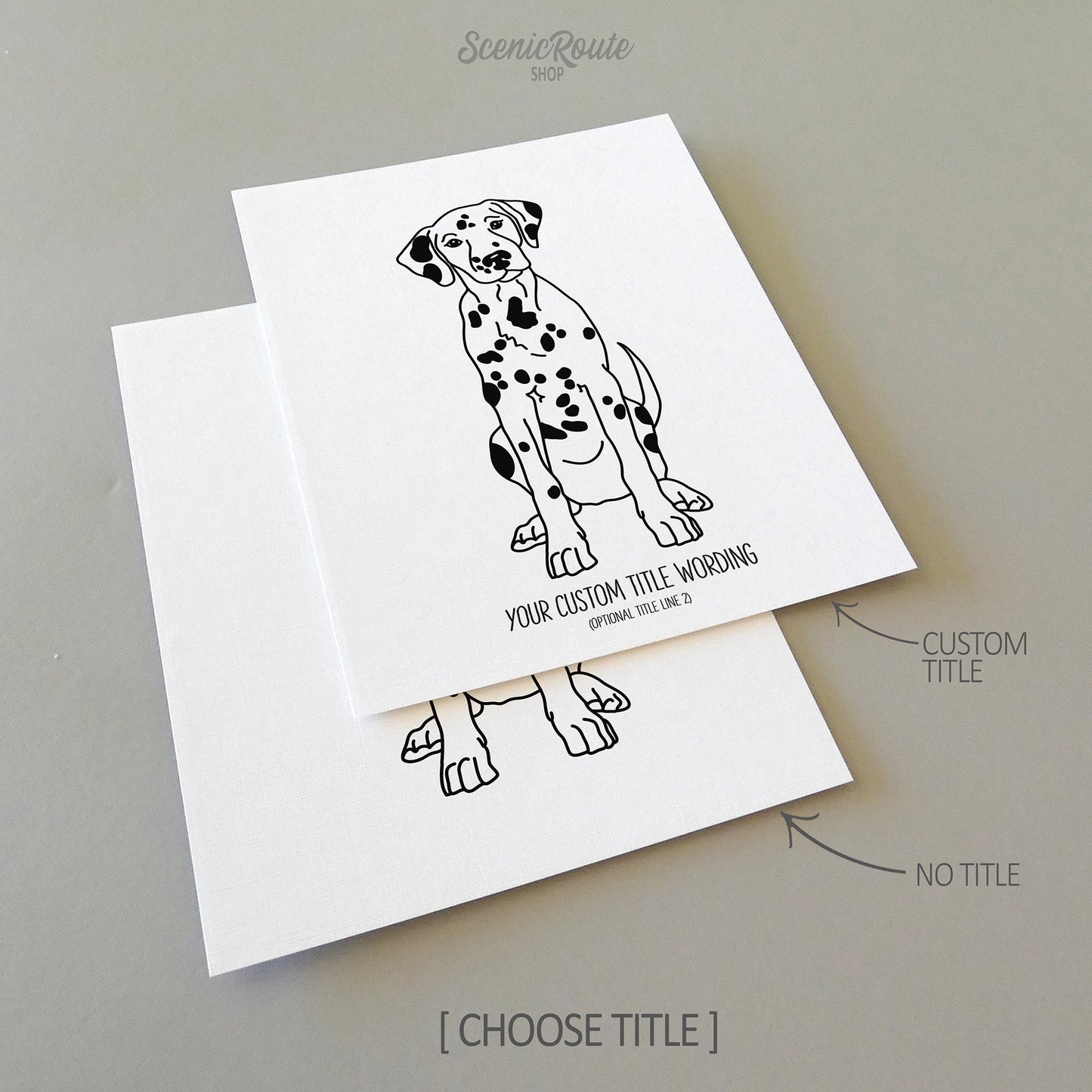 Two drawings of a Dalmatian dog on white linen paper with a gray background.  Pieces are shown with “No Title” and “Custom Title” options to illustrate the available art print options.
