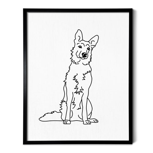 A drawing of a German Shepherd dog on white linen paper in a thin black picture frame