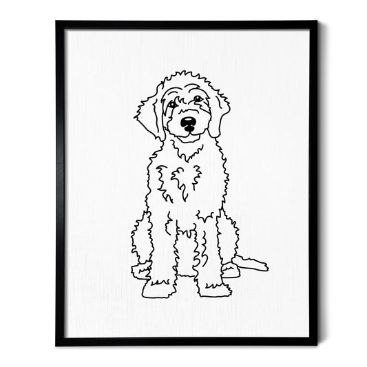 A line art drawing of a Goldendoodle dog on white linen paper in a thin black picture frame