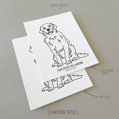 Two drawings of a Golden Retriever dog on white linen paper with a gray background.  Pieces are shown with “No Title” and “Custom Title” options to illustrate the available art print options.