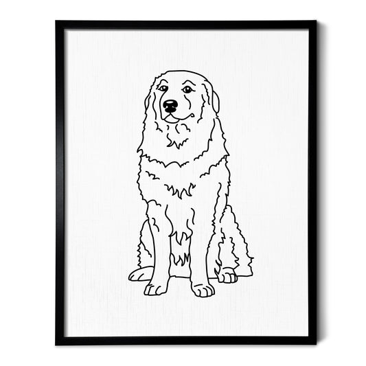 A line art drawing of a Great Pyrenees dog on white linen paper in a thin black picture frame