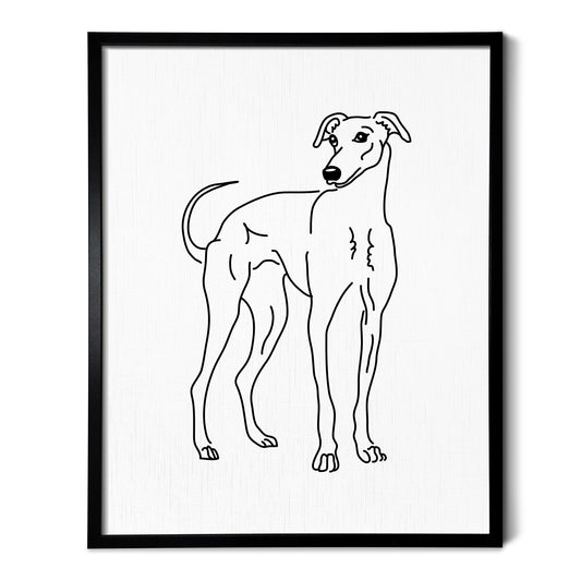A line art drawing of a Greyhound dog on white linen paper in a thin black picture frame