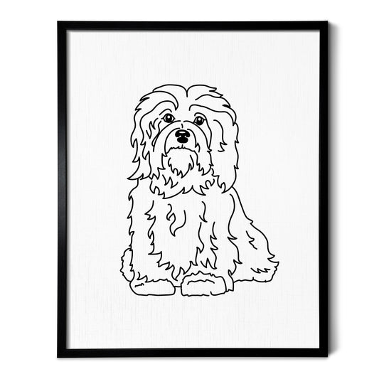 A line art drawing of a Havanese dog on white linen paper in a thin black picture frame