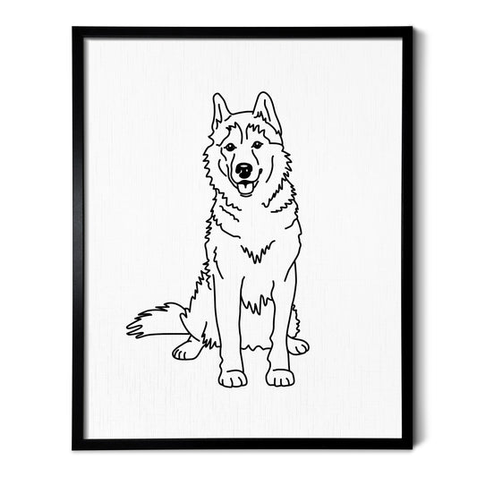 A line art drawing of a Husky dog on white linen paper in a thin black picture frame