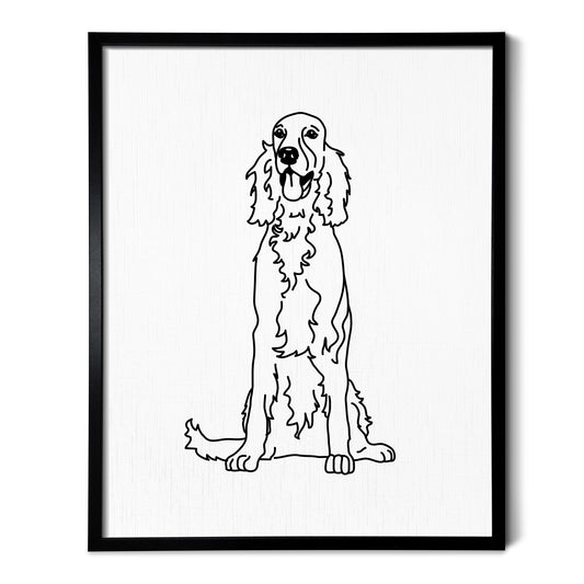 A line art drawing of an Irish Setter dog on white linen paper in a thin black picture frame